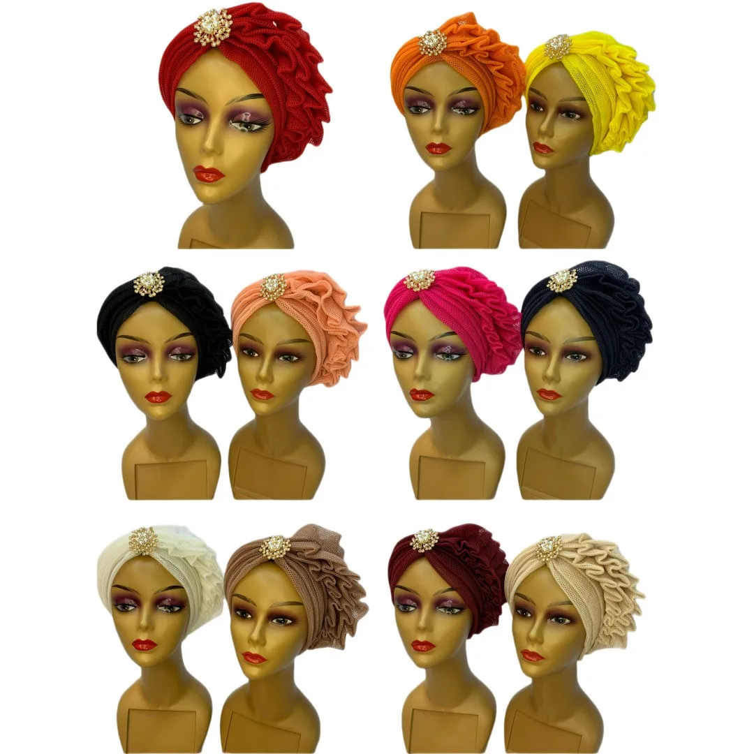 

Hot Selling Pretty Women Turban Hijab Net Bonnet African Auto Gele Party Headtie Muslim Headscarf Caps Female Headwraps 12pcs