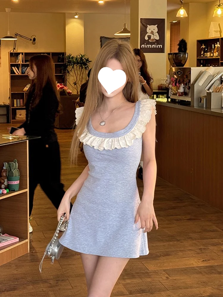 

Женское платье больших размеров с квадратным вырезом, в стиле пэчворк, с завышенной талией, утягивающее, короткое, в корейском стиле, А-силуэт