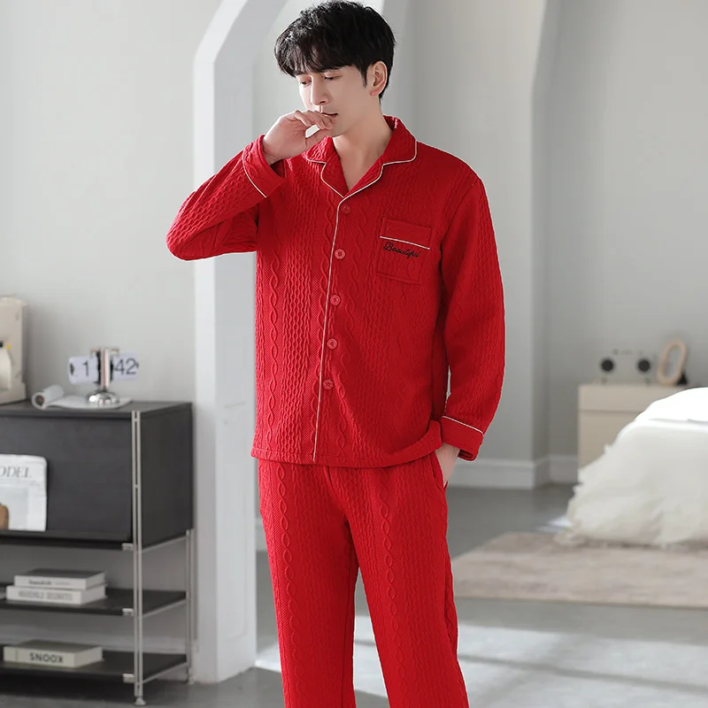 Festive red pajamas men autumn winter thick long-sleeved laminated air cotton home service male warm big yards thin quilted suit