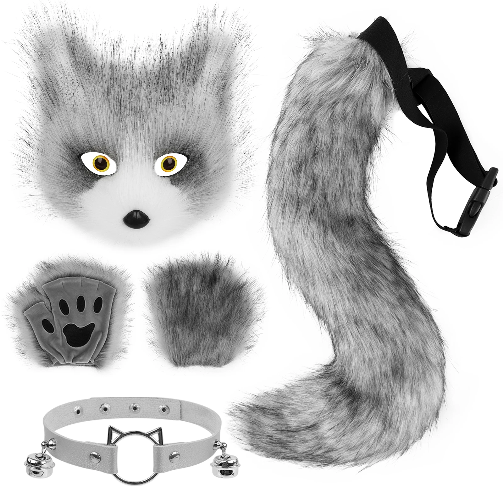 Faux Fur Fox Tail Cat Mask Paw Gloves and Leather Choker Costume Accessories Set for Cosplay Parties