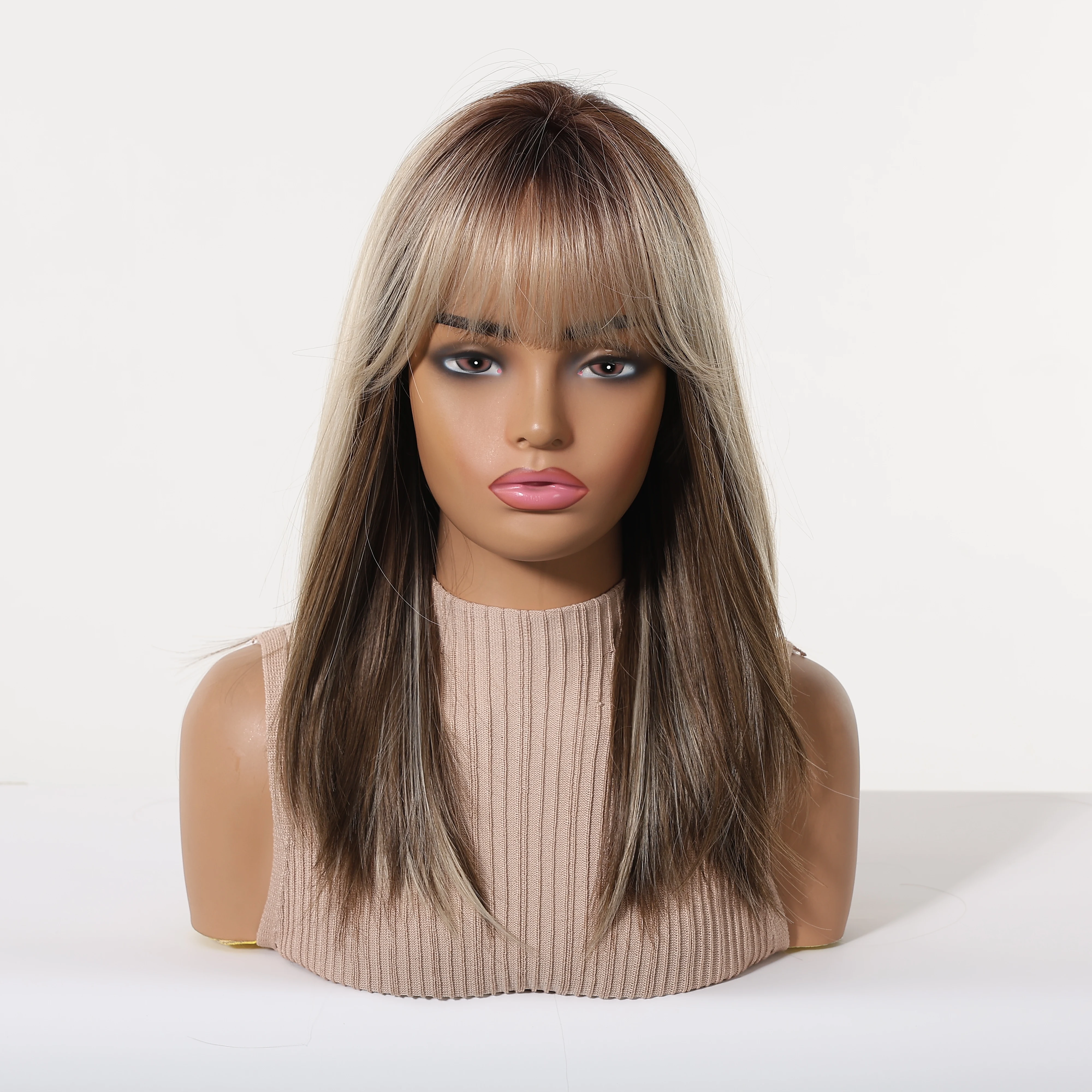 ALAN EATON Long Straight Ash Brown Wig with Bangs for Women Brown with Ash Blonde Highlights Wig Synthetic Hair Heat Resistant