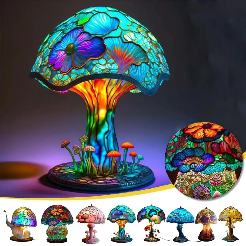 Creative Stained Plant Series Table Lamps Resin Colorful Bedroom Bedside Flower Mushroom Retro Table Night Lamp Atmosphere Light