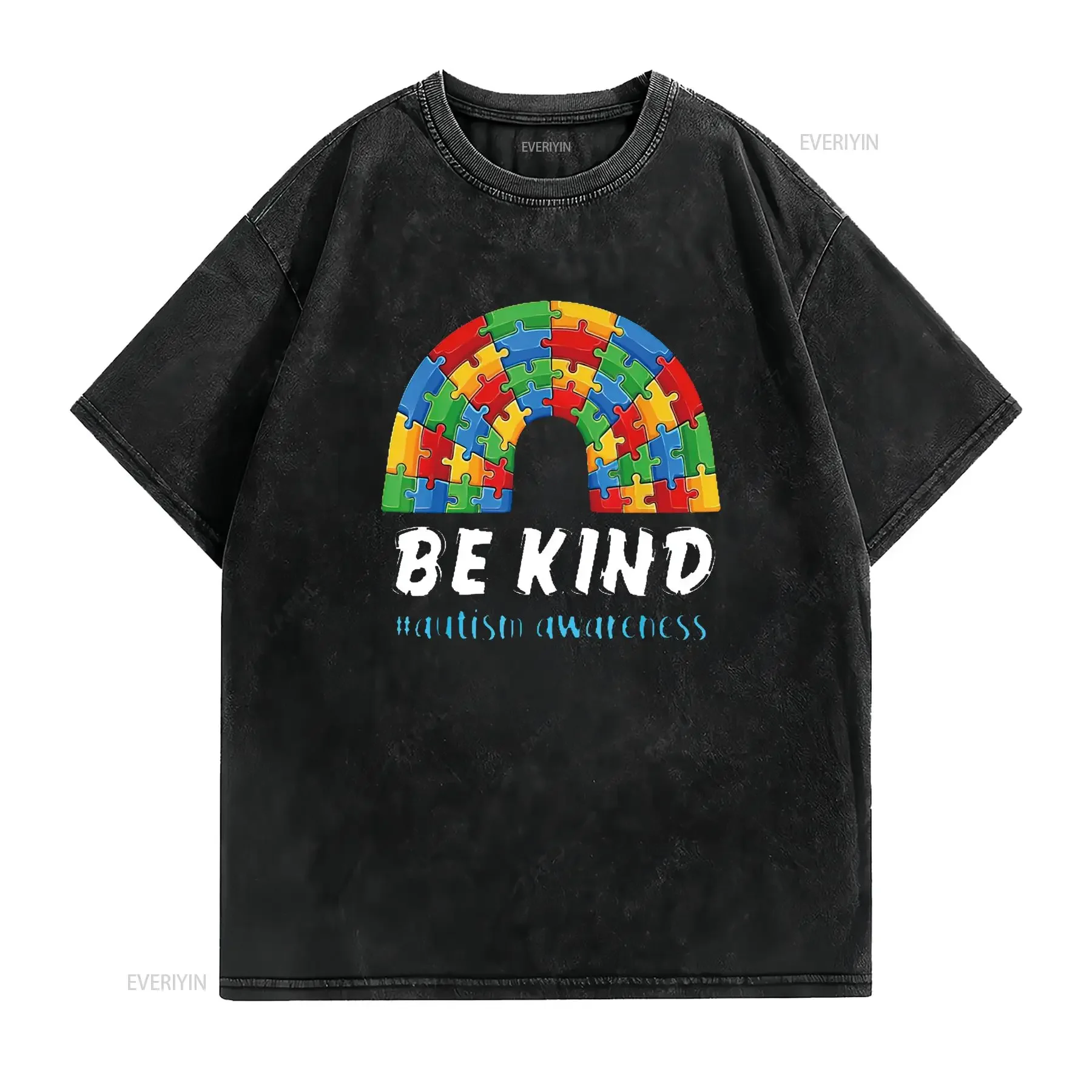 Mens Rainbow Puzzle Autism Support Be Kind Awareness T Shirt Black X Large vintage Washed Unisex Versatile designer clothes