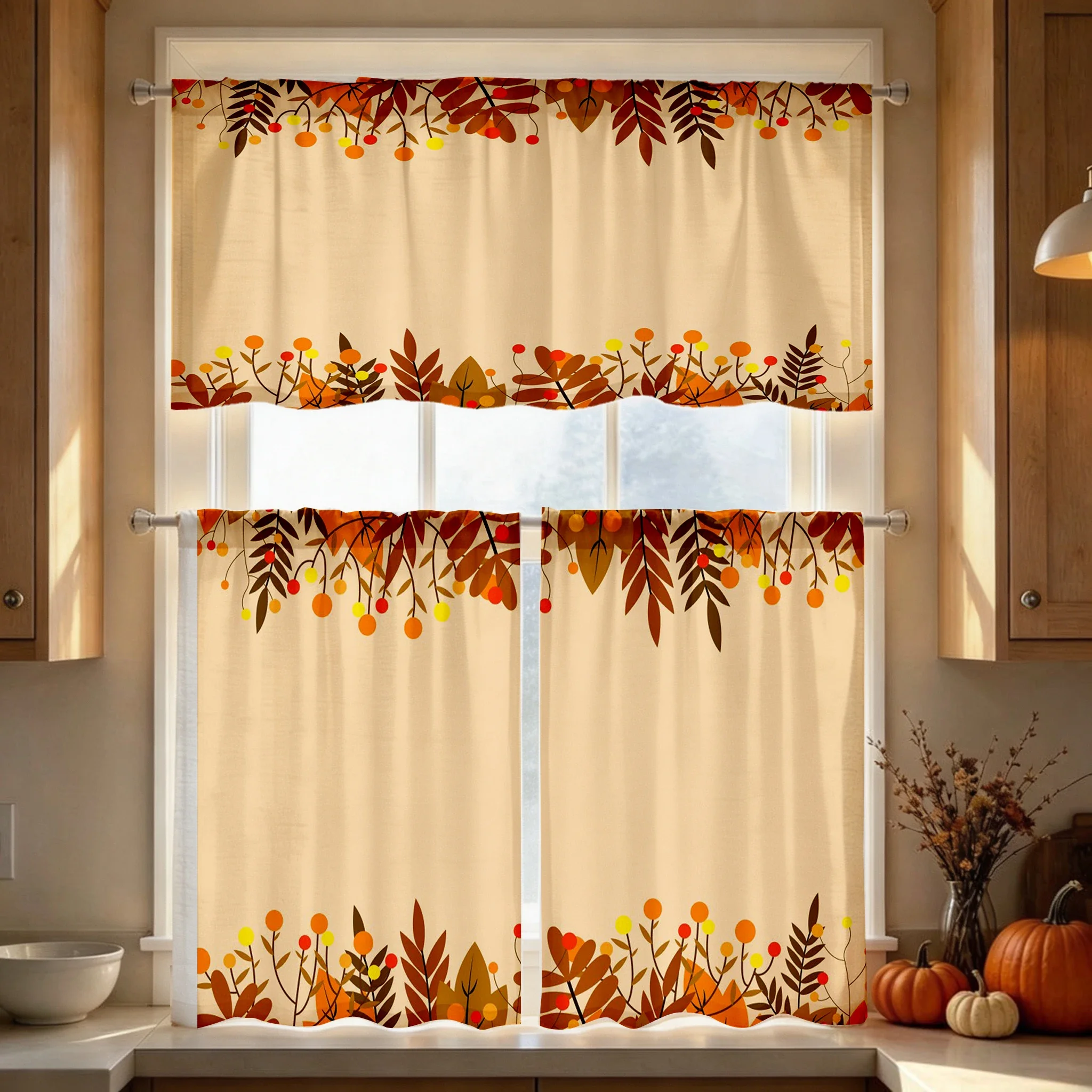 Thanksgiving Fall Kitchen Curtains, Branch Berry Frame, Digital Print, Kitchen Dining Room, Rod Pocket Polyester, Home Decor