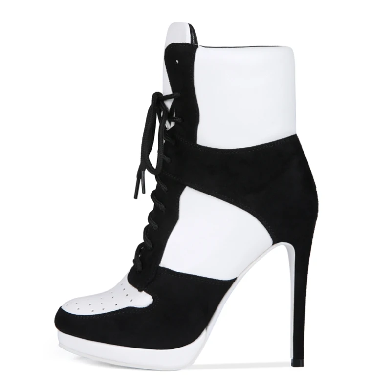 

Black And White Patchwork Lace-up Ankle Boots Sport Style Round Toe Cover Heels Mixed Color PU Leather Women Leisure Shoes