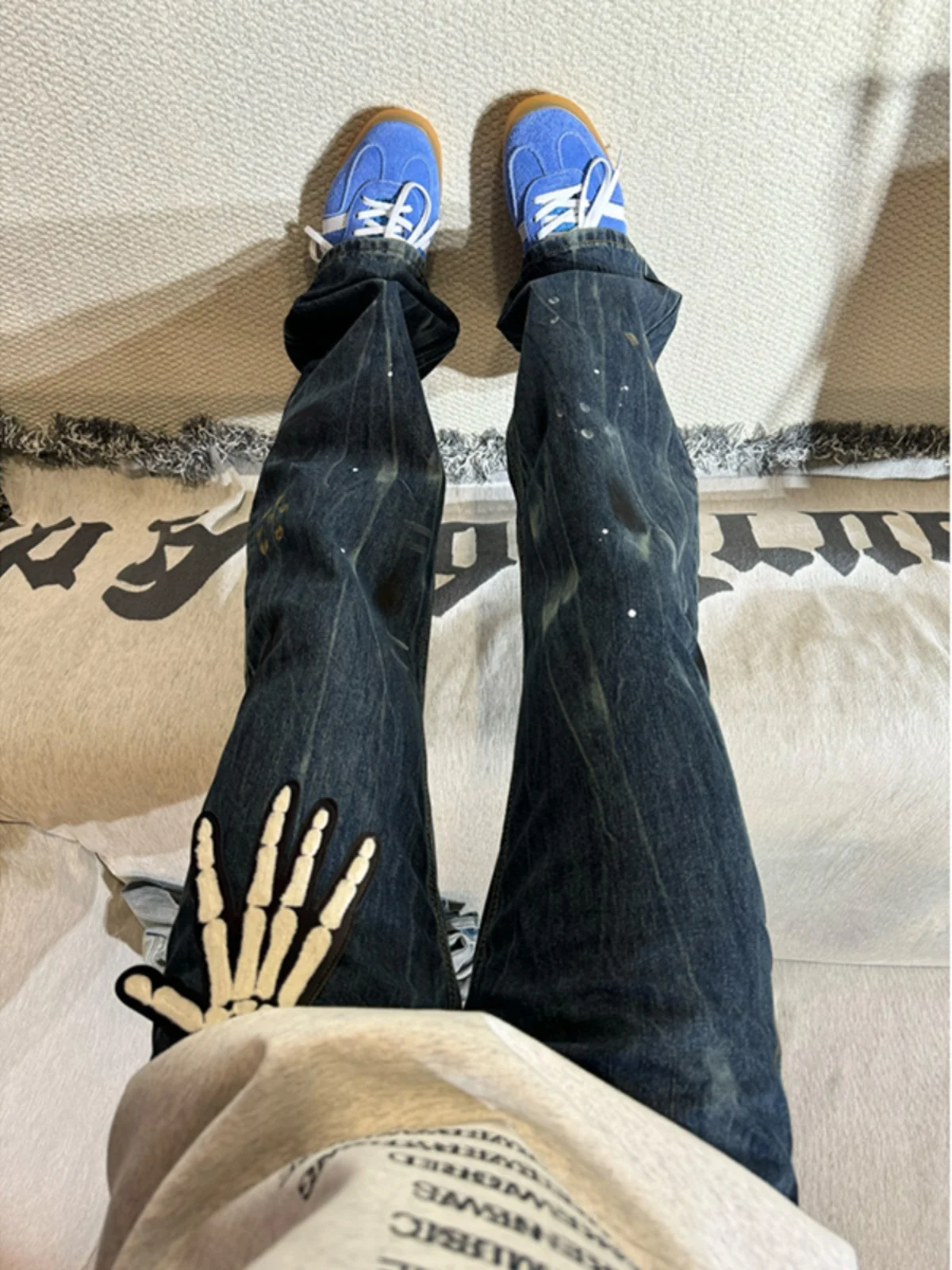 

Deep Blue Splaed Ink Men's Jeans Straight Leg Waed Denim Trendy Design Casual Fall Wear Comfortable Loose Fit Youthful