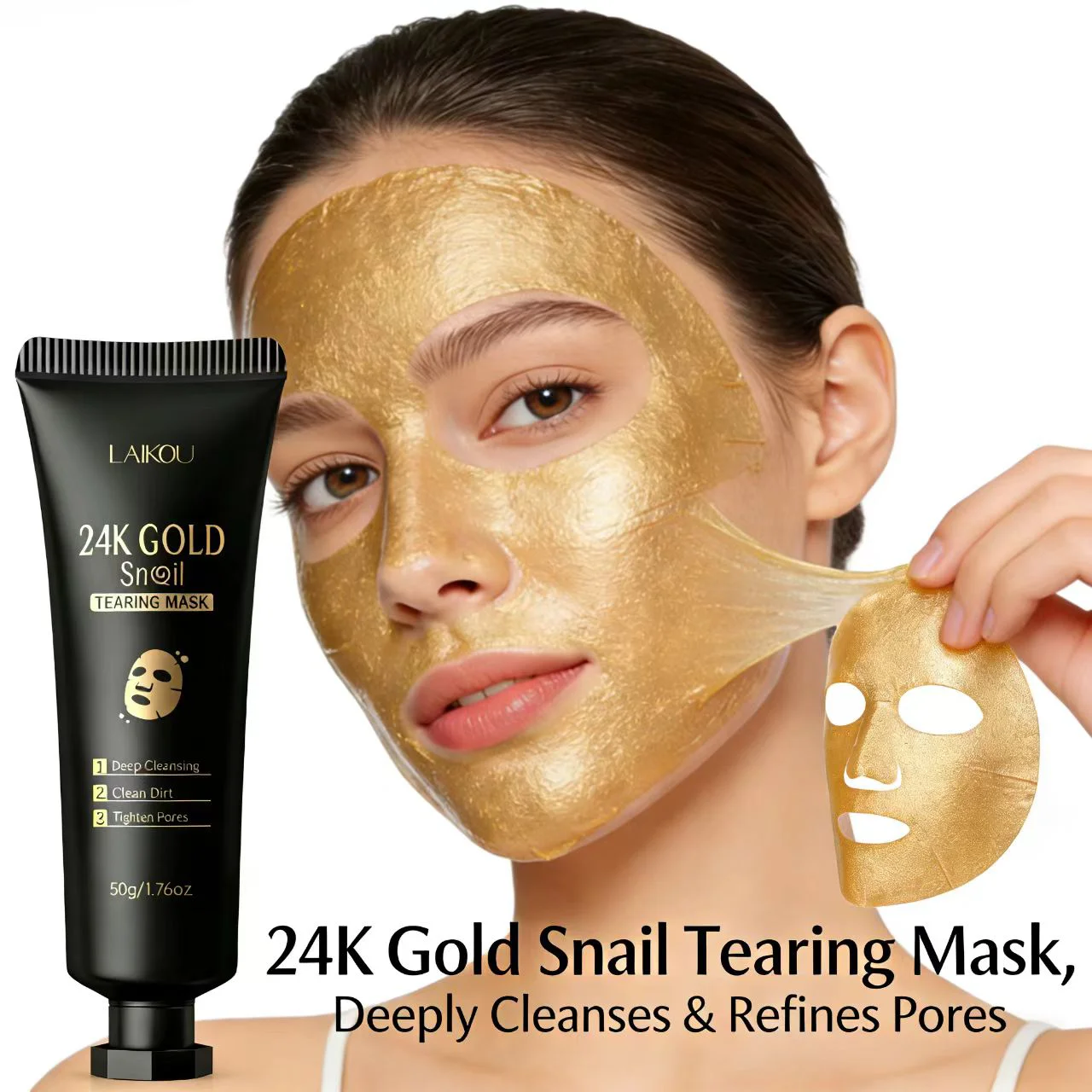 LAIKOU 24K Gold Snail Tearing Mask Deep Cleansing Blackhead Remover Pore Tightening Face Mask for All Skin Types  50g 1PCS/2PCS