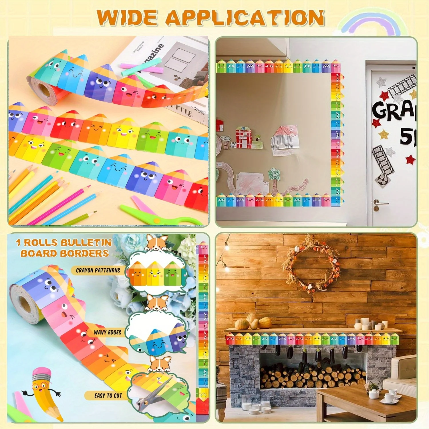 Zelfklevende prikbordrand met expressieve ogen, neus, mond Klas prikborddecoraties, feestdecoraties