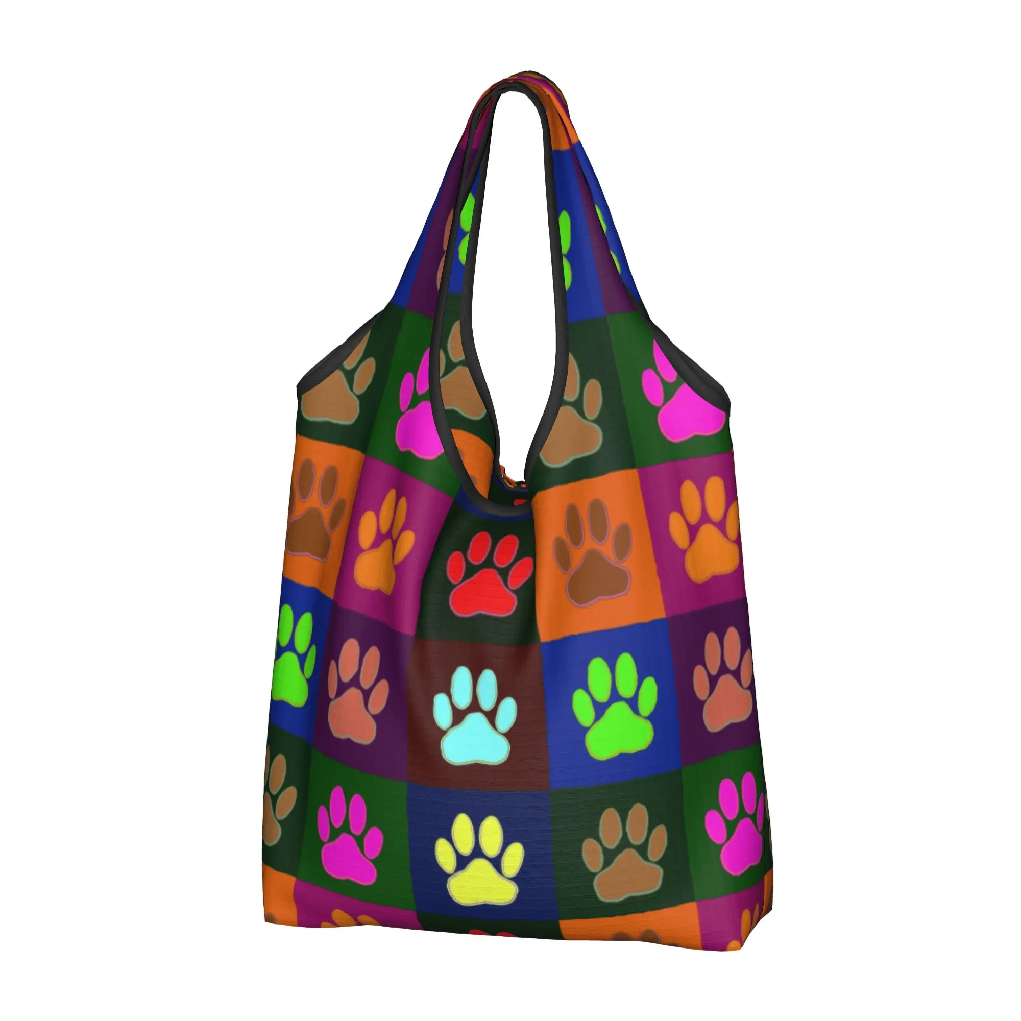 Fashion Colorful Paw Prints In Squares Shopping Tote Bag Portable Pretty Dog Lover Feet Grocery Shoulder Shopper Bag