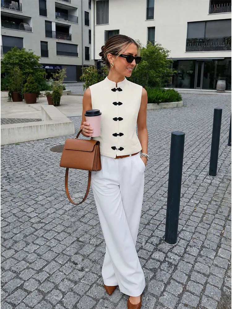 HH Women Summer Structured Off White Mandarin Collar Vest Frog Button Closure Tailored Waist Welt Pocket Sleeveless Outerwear