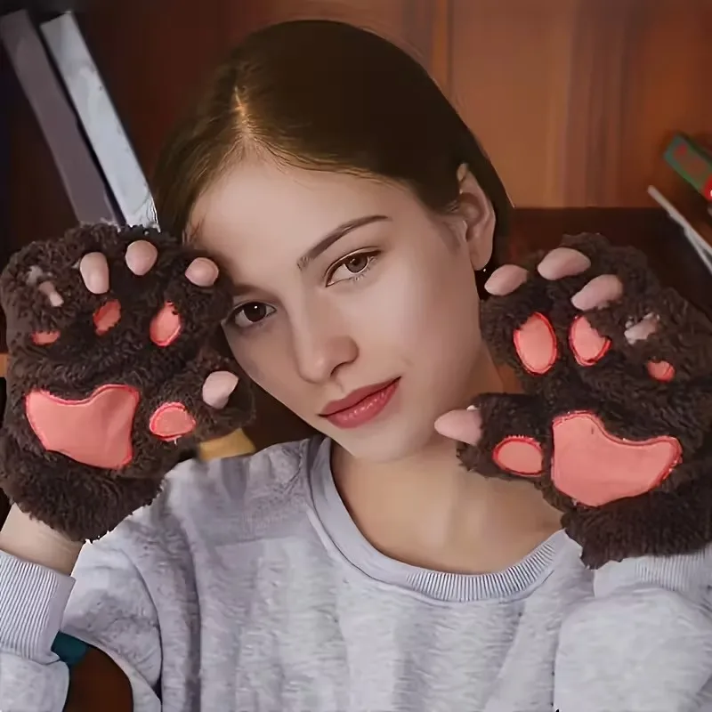 1–10 Paar süße Mädchen-Katzenpfoten-Fuzzy-Fingerlose Handschuhe, weiche Plüsch-Panda-Fäustlinge, warmes Winter-Weihnachtsgeschenk für Frauen, Halbfinger-Handschuhe