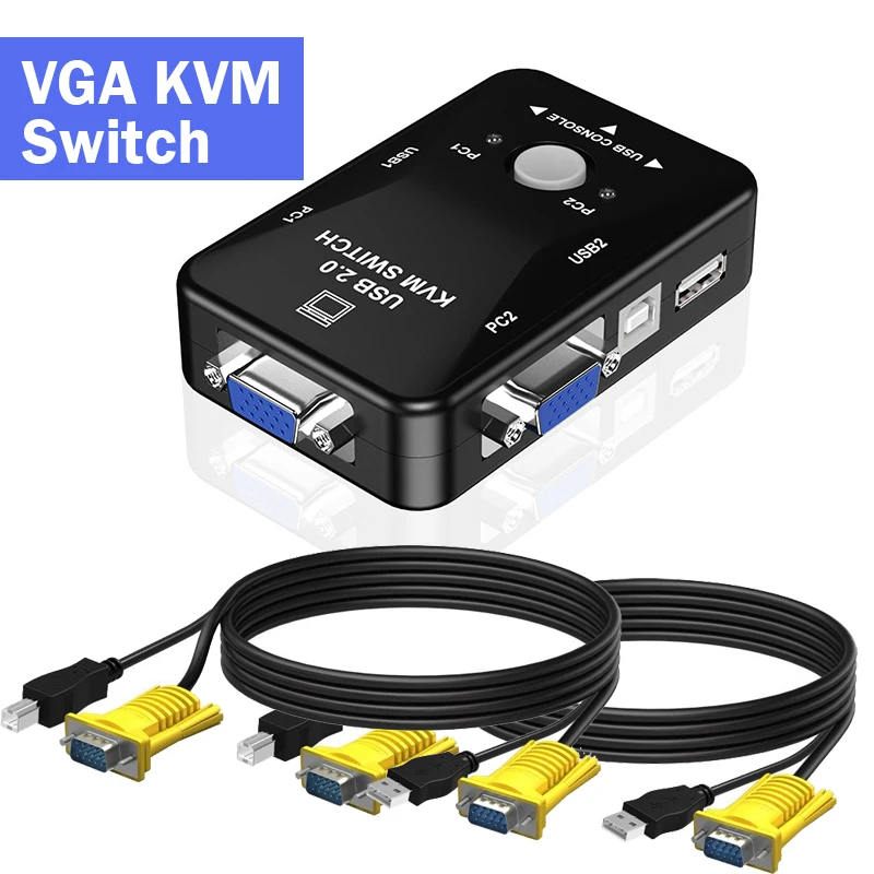 2-Port VGA KVM Switch 2 in 1 out with Cables 1080P VGA USB KVM Selector 4x1 for 4 PC Share Monitor Keyboard Mouse Printer
