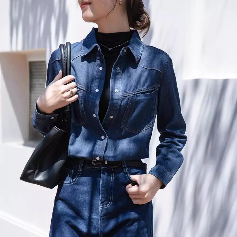 

Джинсовая рубашка, женский топ, осень 202, винтажная блузка, однобортный, с отложным воротником и карманами, стираные топы, рубашка, уличная одежда