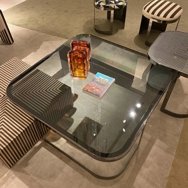 

Italian style light luxury minimalist square tempered glass coffee table, modern villa creative designer's size combination livi