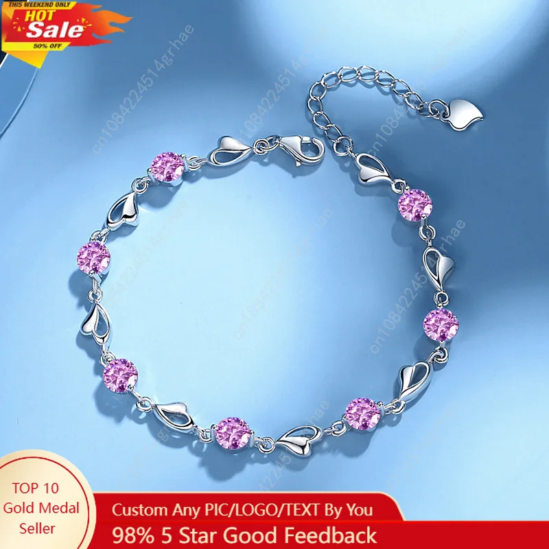 

925 Sterling Silver Heart Shaped Bracelet For Women Retro Korean Versatile Pink Crystal Charm Bracelets Original Party Jewelry