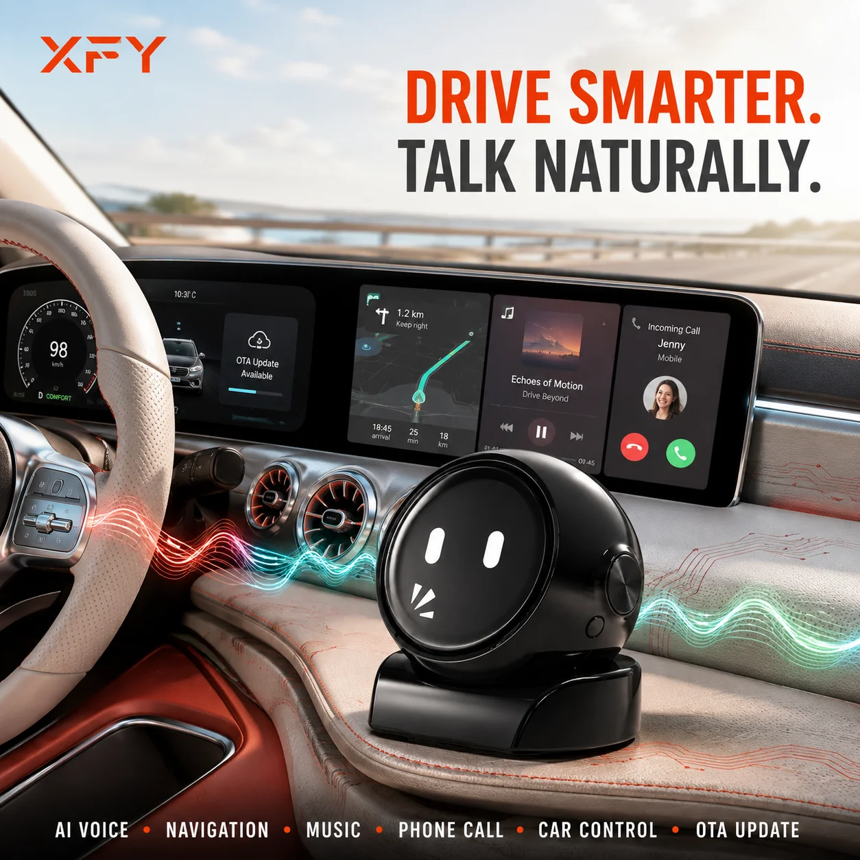 Robot de Voz con IA XFY para Automóvil, Asistente Inteligente, Navegación Manos Libres, Música, Llamadas, Noticias del Clima, Chat, Actualización OTA, WiFi 2.4GHz