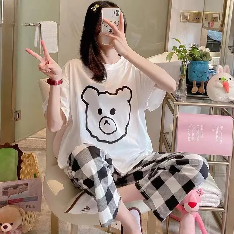 

Ladies Summer Pajamas Loungewear Set Korean Spring and Autumn Students Cute Thin Loose Pajamas Loungewear Set Plus Size Cartoon