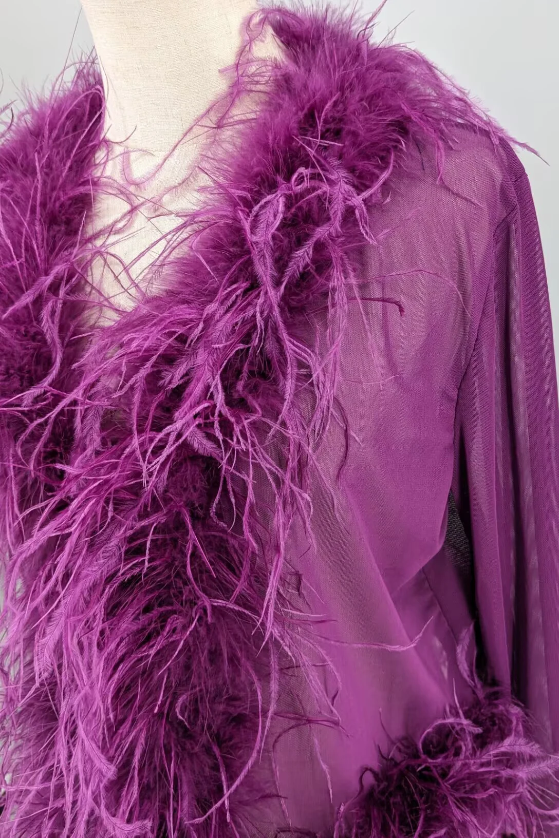 Women See-Through Top with Real Ostrich Feather Brown Black Cropped Jacket Top Bolero 240711