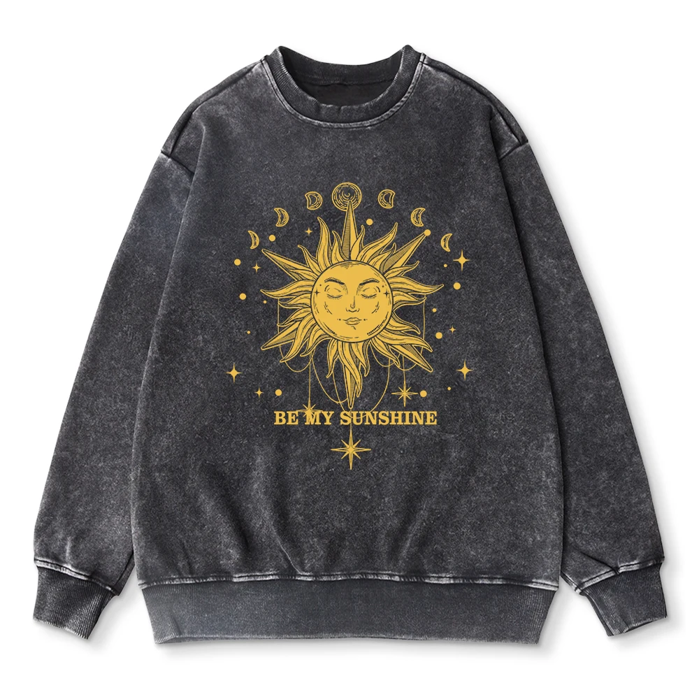 Oversize Woman Acid Wash Hoodie Be My Sunshine Yellow Print Prints Sweatshirt Fashion Cotton Warm Pullover Couple Washed Clothes