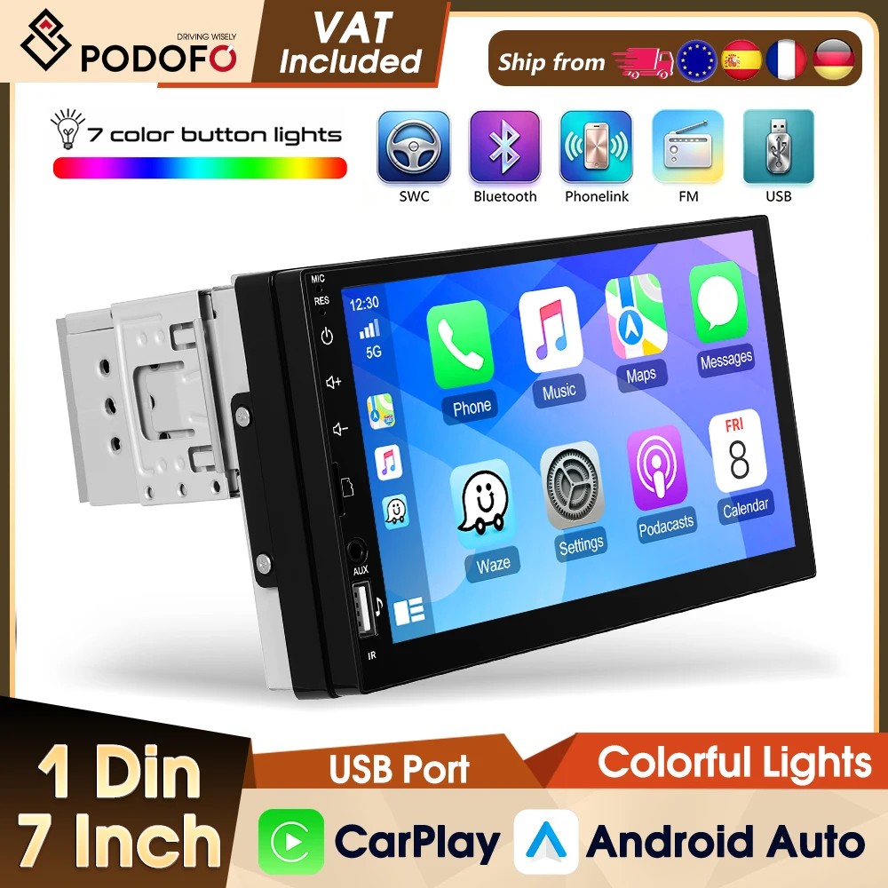 Radio de Coche Podofo de 7 Pulgadas 1Din, Estéreo para Coche con CarPlay y Android Auto, Reproductor MP5 Universal para Coche, FM, EQ, Bluetooth, USB, Mirrorlink, Sistemas Inteligentes para Coche