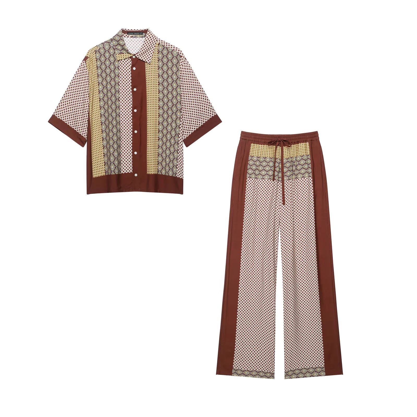 European and American style women's autumn new item contrasting color splicing, hanging shirt hanging pants set
