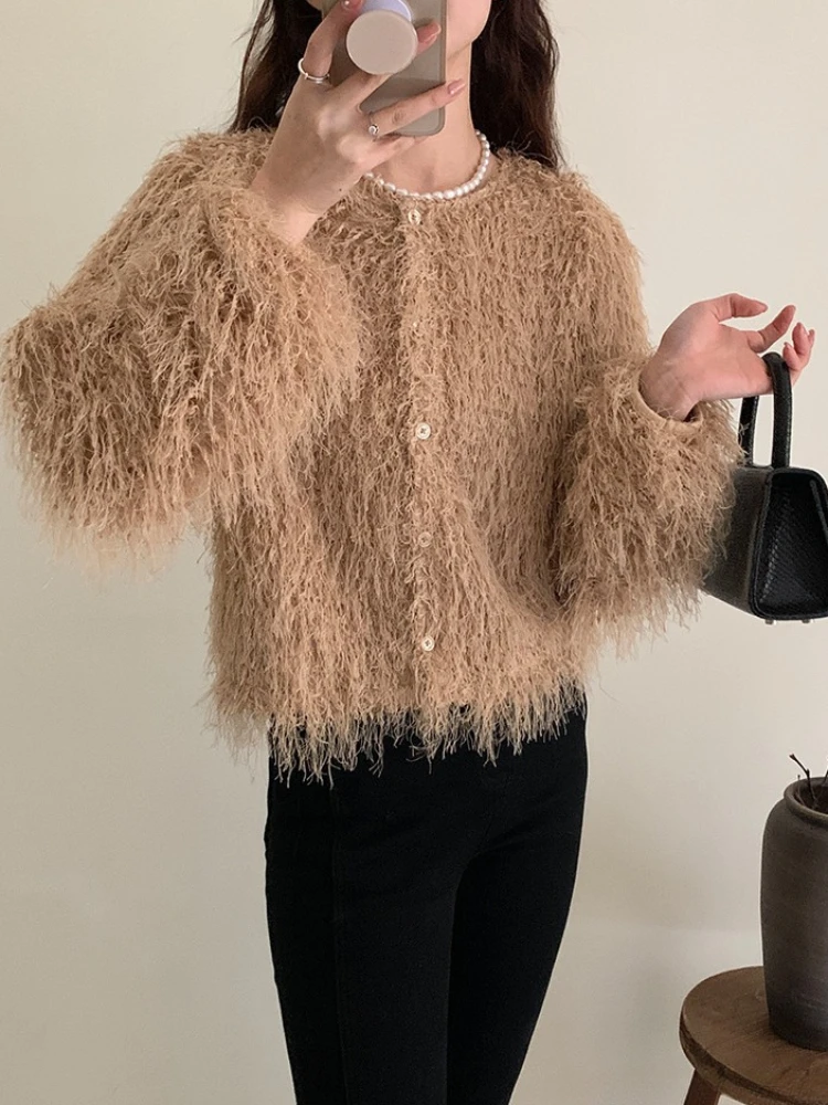 Women Korean Ins-Style Blue Tassel Coat Female Sweet Y2k Clothes 2024 Autumn Winter New Elegant Slim-Fit Knitted Cardigan Jacket