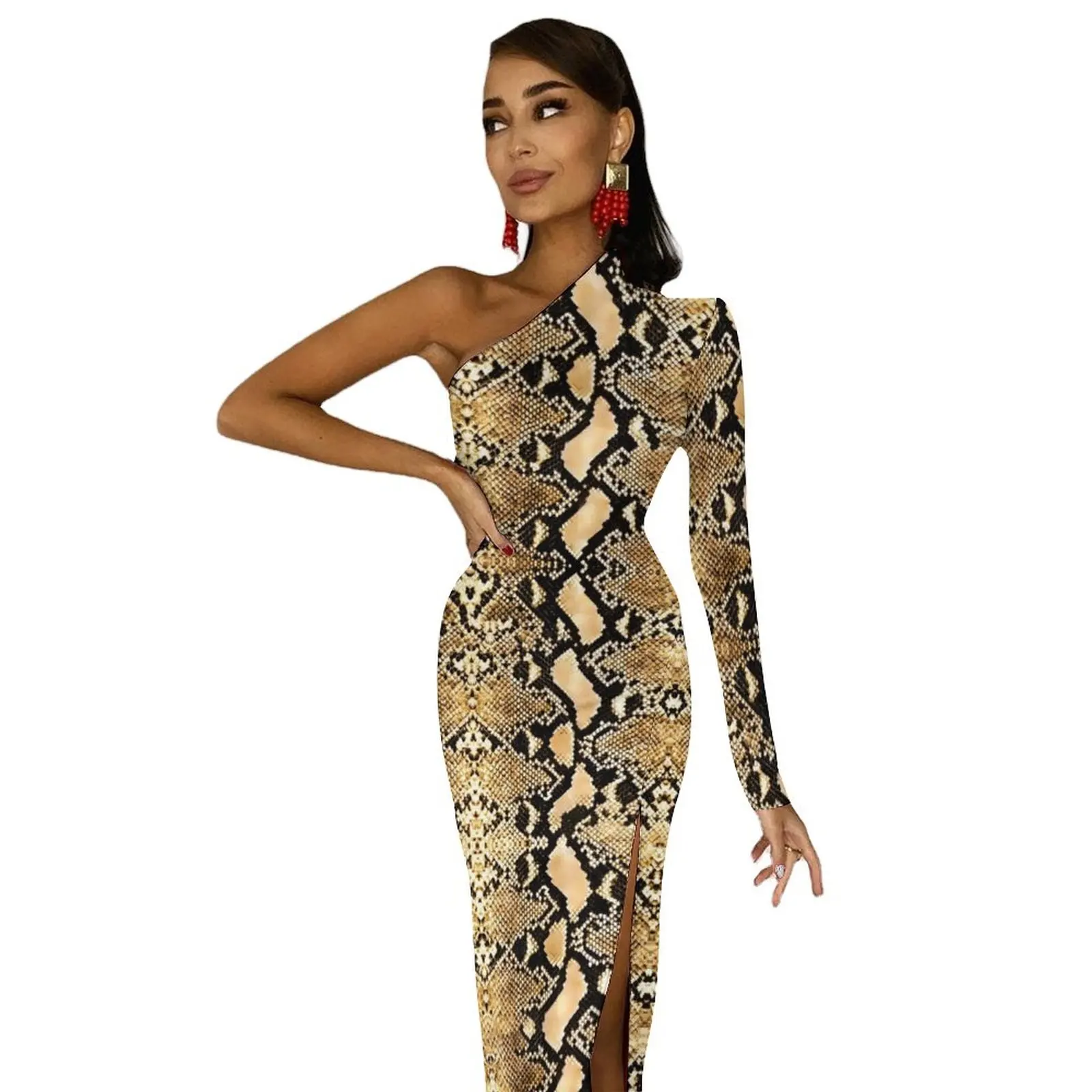 Gold Python Snakeskin Maxi Dress Long Sleeve Animal Print Vintage Bodycon Dress Spring Aesthetic Long Dresses Womens Clothing