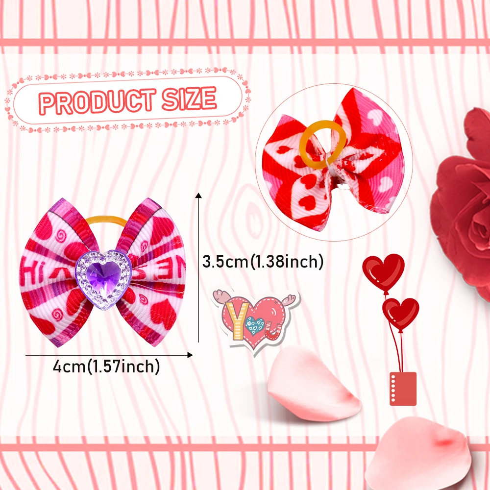60PCS Valentine's Day Dog Bows Rubber Bands Pink Style Puppy Bows Handmade Diamonds Pet Hair Accessories For Dogs Wholesale