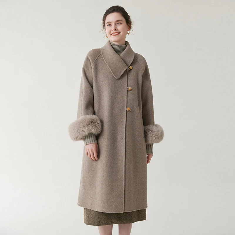 New Double-Sided 100% Wool Coat With Fur Sleeves Long Style Turn-Down Collar Single-Breasted Loose And Fashionable Women'S Coat