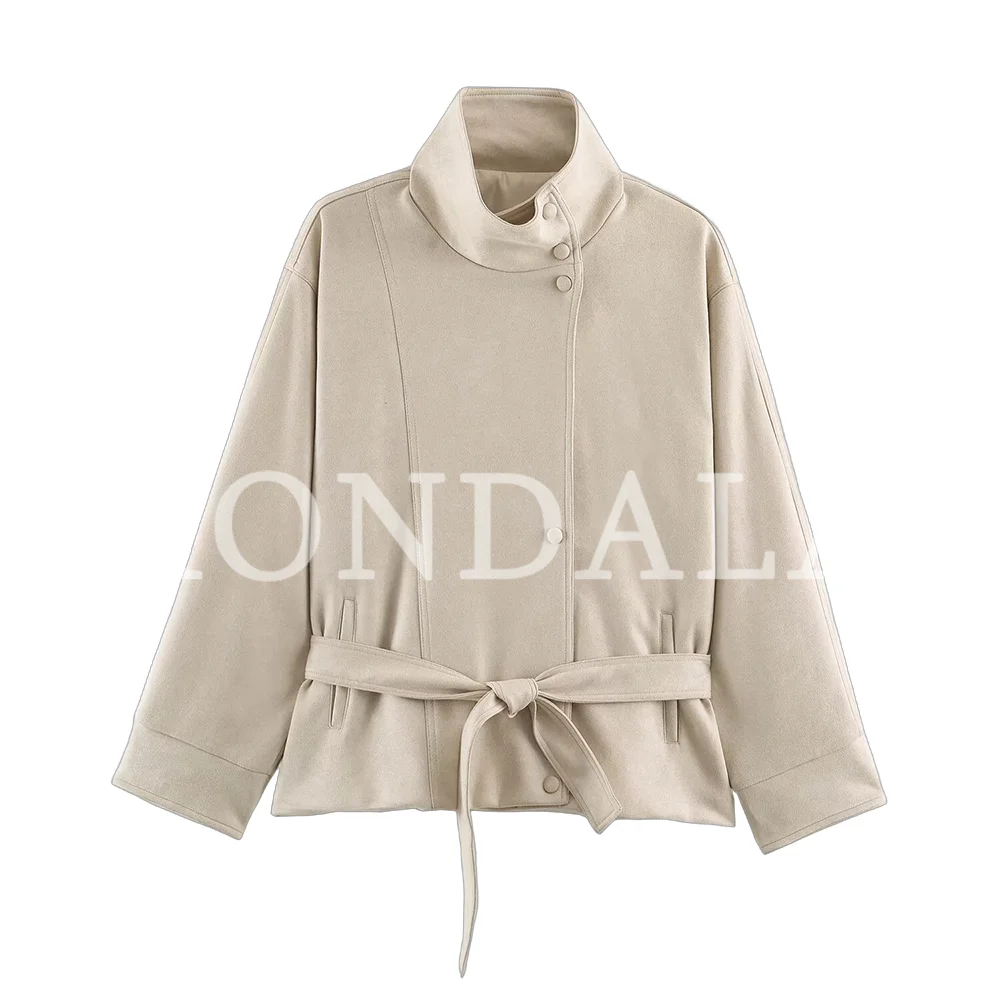 KONDALA Damen High-Street-Jacke Elegante Kunstwildleder-Jacke mit Gürtel und Stehkragen Neue 2026 Herbst-Winter Pendler-Damen-Kurzjacke – Detail 3