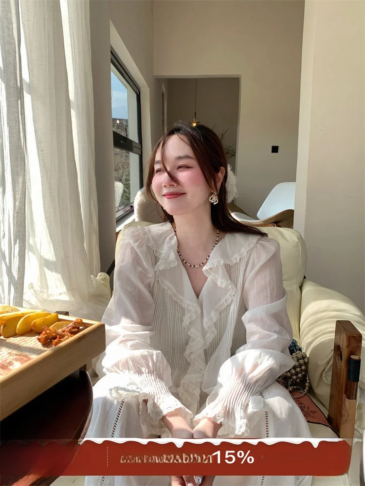 

Белая кружевная хлопковая блузка Ele для женщин, весна-лето, модный топ из чистого хлопка с длинным рукавом, свободный крой, для повседневной носки