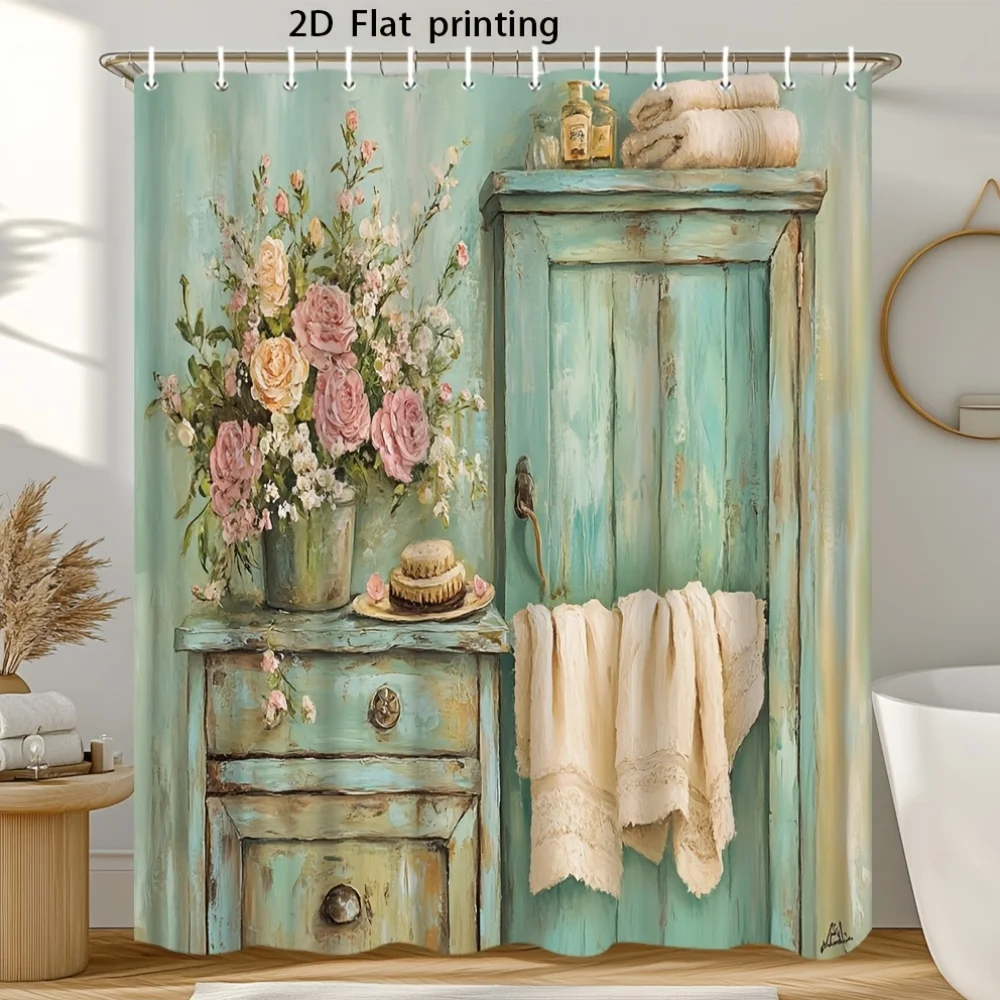 [2D FLAT] One Piece of Vintage Floral Shower Curtain Featuring a Turquoise Distressed Design, Adorned with Pink And White Roses