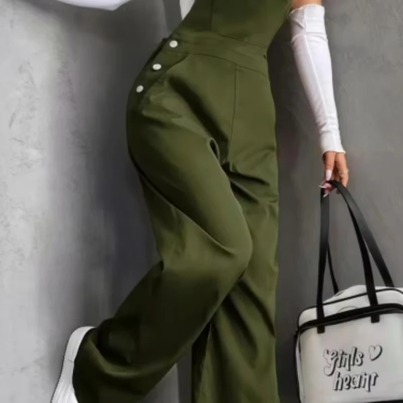 Jumpsuit Summer Vacation Seaside Retro Pocket Solid Color Straight Tooling Strap Jumpsuit Women