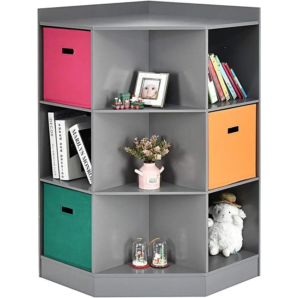 

9-Cubby Kids Bookcase with Extra Large Storage Baskets, Multi-Bin Children's Organizer Shel with 6 Cubes and 3 Shelves, Wooden S