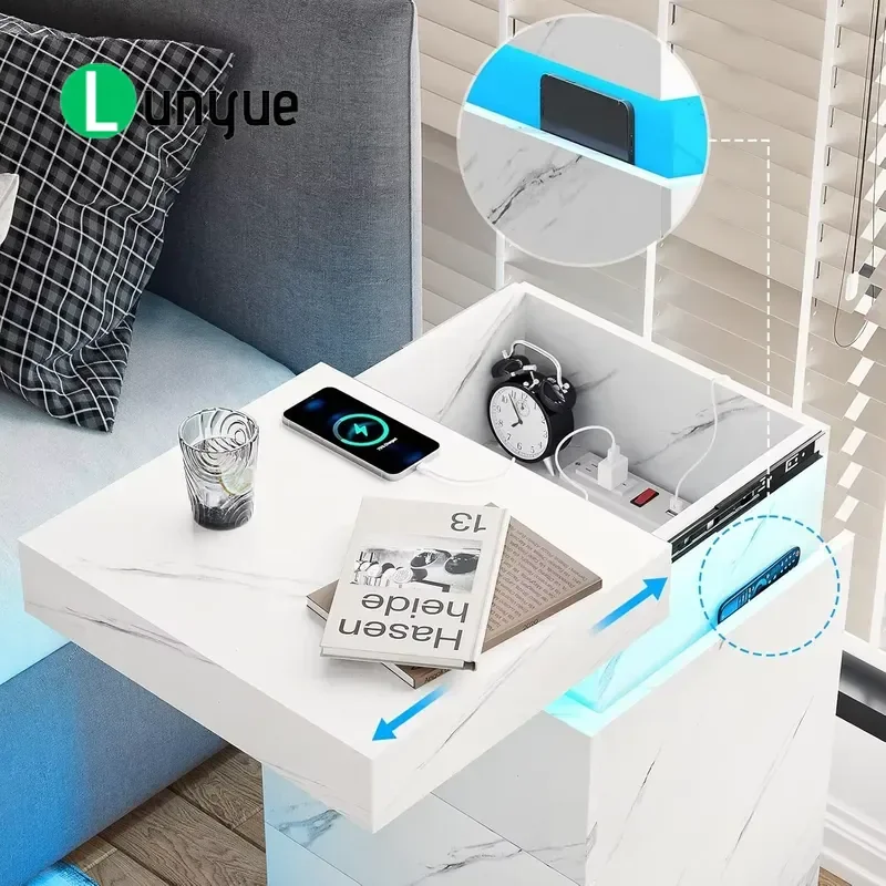 Stylish Marble Finish Nightstand with Smart LED Lights USB Charging Ports and Storage Drawers for Modern Bedroom Home Decor