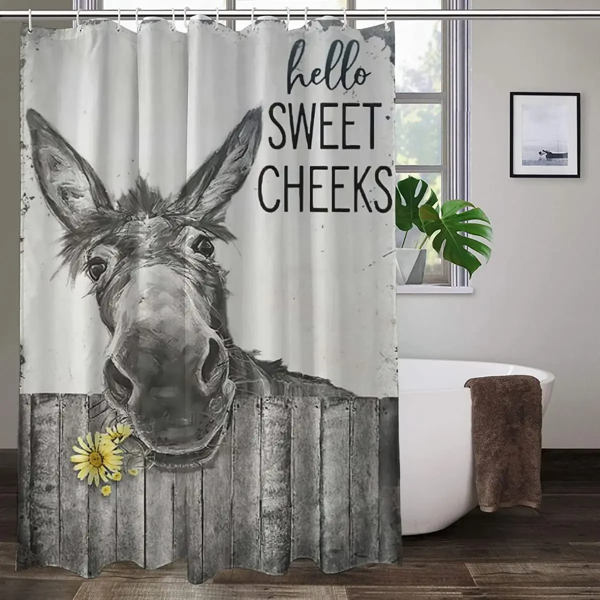 Donkey Shower Curtain Rustic Floral Farmhouse Bathroom  Curtains Black and White Cute Animal Modern Waterproof Set Hooks