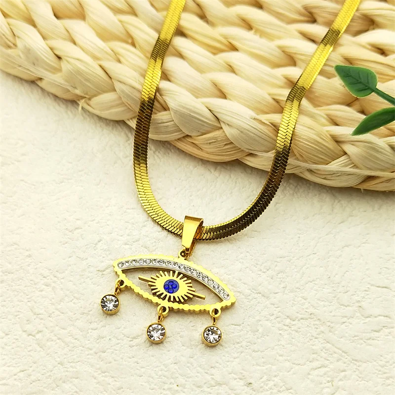 

Evil Blue Eye Tassel Pendant Necklace for Women Men Rhinestone Stainless Steel Gold Color Lucky Eye Snake Chain JewelryZZZ1014