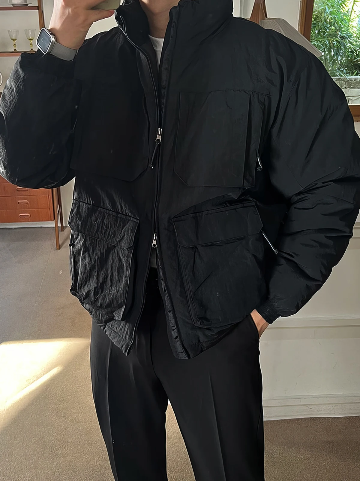 

Утепленная хлопковая куртка с воротником-стойкой и множеством карманов для мужчин, зимняя одежда для охоты, функциональная, свободного кроя