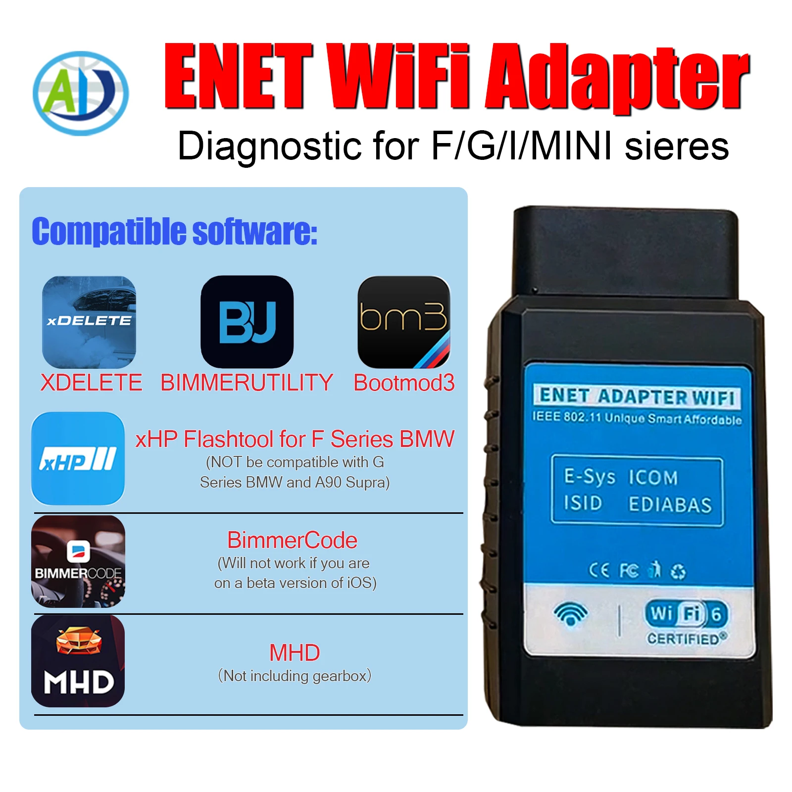 

Адаптер OBD2 WiFi для BimmerCode, Bootmod3, xDelete, MHD Coding, адаптер ENET WiFi для серий F/G/I/Mini, диагностический инструмент OBDII для автомобилей.