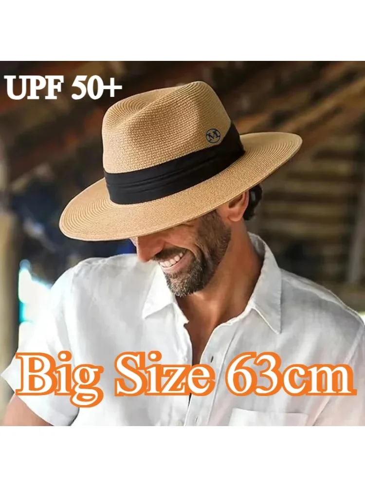 Großer XL 63cm Reise-Panama-Jazz-Strohhut Sommer-Sonnenhüte für Damen und Herren Hochzeit Breiter Rand Fedora Stroh-Strandhut UV UPF 50+