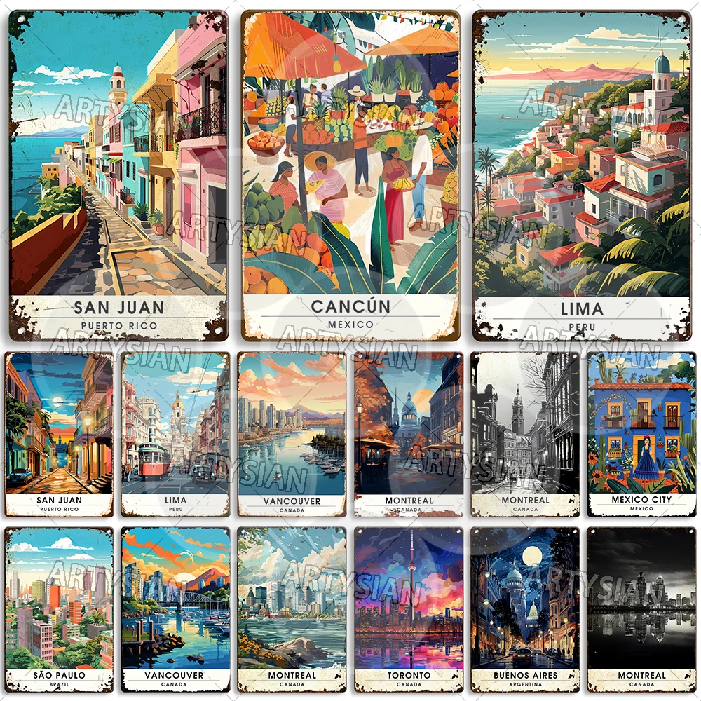 Viaje paisaje urbano cartel de metal San Juan Puerto Rico Montreal Canadá Vancouver Cartagena Colombia Oaxaca México Guadalajara Cancun