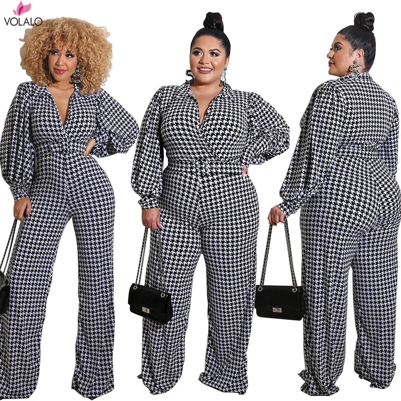 VOLALO  Jumpsuits Women Lapel One Piece Romper Elegant Bird Lattice Straight Trouser Jumpsuit With Sash Wholesale Dropshipping