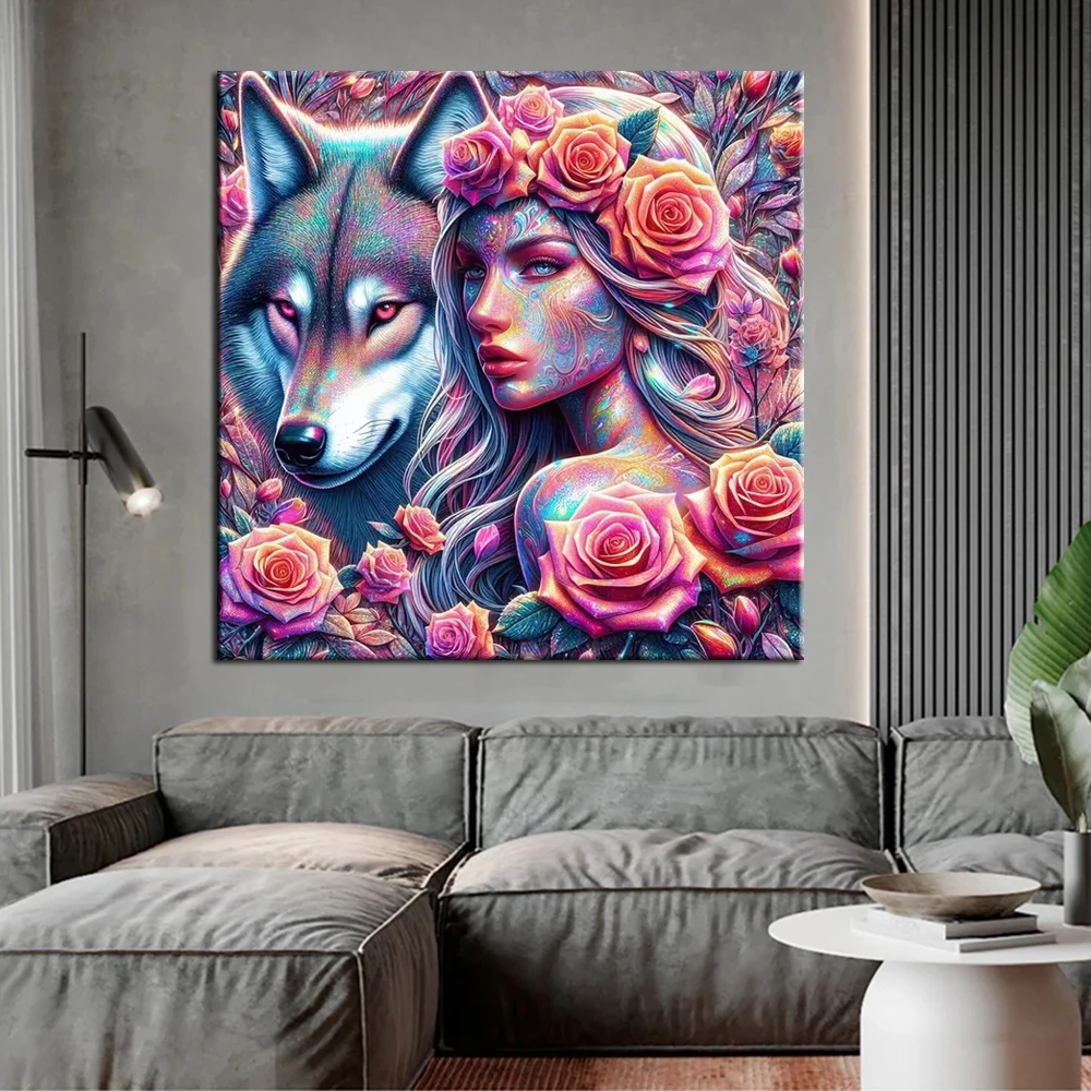 New Diamond Painting Rose Woman Loves Wolves Full Drill Mosaic Arts Diy Rhinestone Embroidery Animals Girl Picture Wall Decor