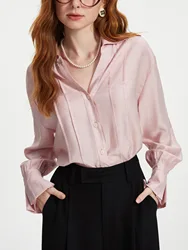 FSLE Women Long Sleeve Blouses V-Neck Women Pink Autumn Tops Striped Design Drop Shoulder Shirt Office Lady Blouse 24FS13299