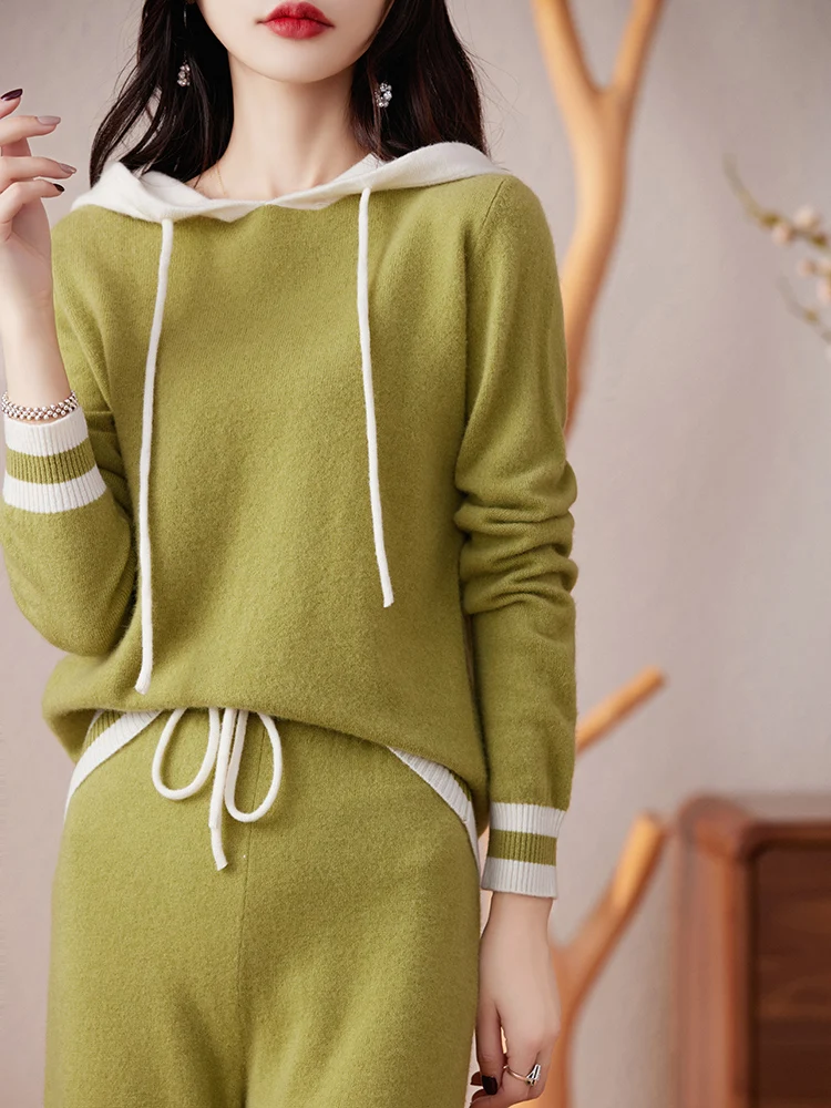 New Women Cashmere Sweater Autumn Winter Hooded Cardigan Pants Suit 100% Merino Wool Knitwear Female Grace Soft Casual Wear