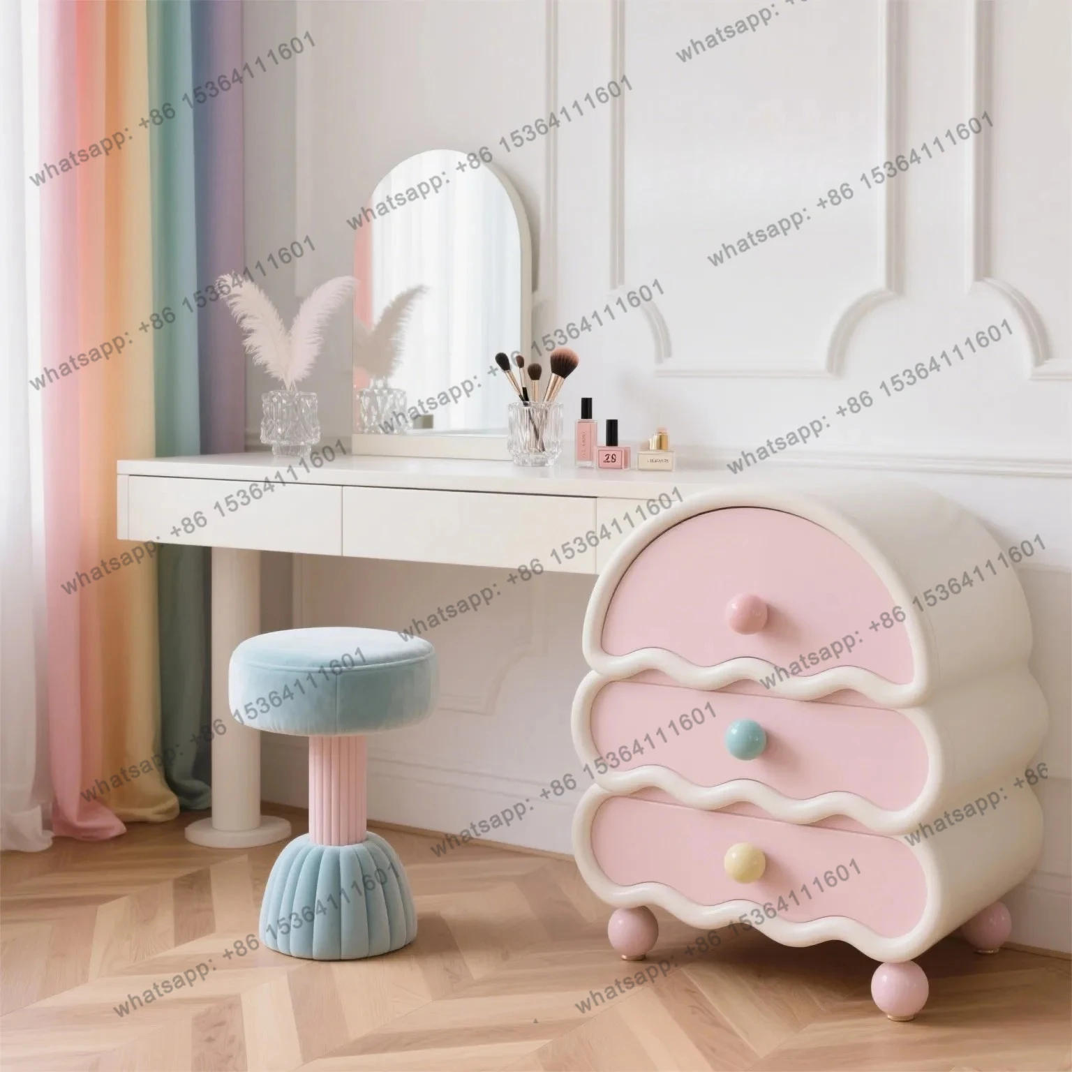 

New cream style pink solid wood chest integrated bedroom makeup table storage cabinet dresser makeup table