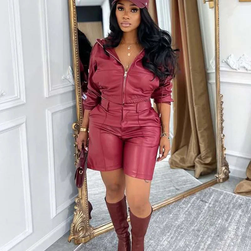 

Doyerl PU Faux Leather 2 Piece Set Woman Autumn Winter Long Sleeve Zipper Hooded Jacket Top and Shorts Matching Sets Outfits