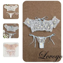 Sexy Women's Underwear Lace Floral Wire Free Lingerie Set Off-Shoulder Small Chest Bralette+Thong Beachwear Transparent Bra Set