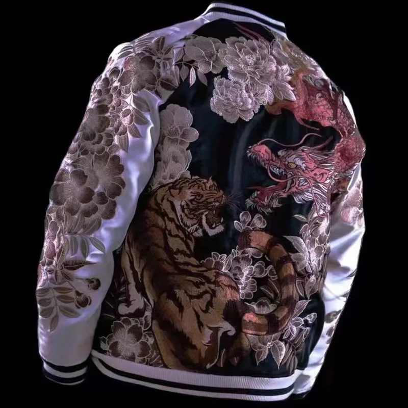 New 2024 Hot Style Men Boys Modified Liquid Light Sensation Coats Dragon Tiger Reversible Baseball Sukajan Souvenir Jackets