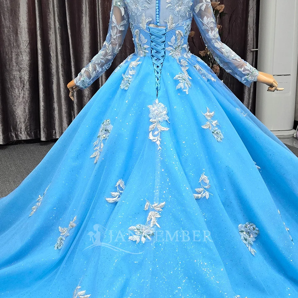 فستان الأميرة Quinceanera الأزرق زهرة طويلة الأكمام بلورات الخرز vestidos de 15 quinceañera فستان حفلة عيد ميلاد مخصص